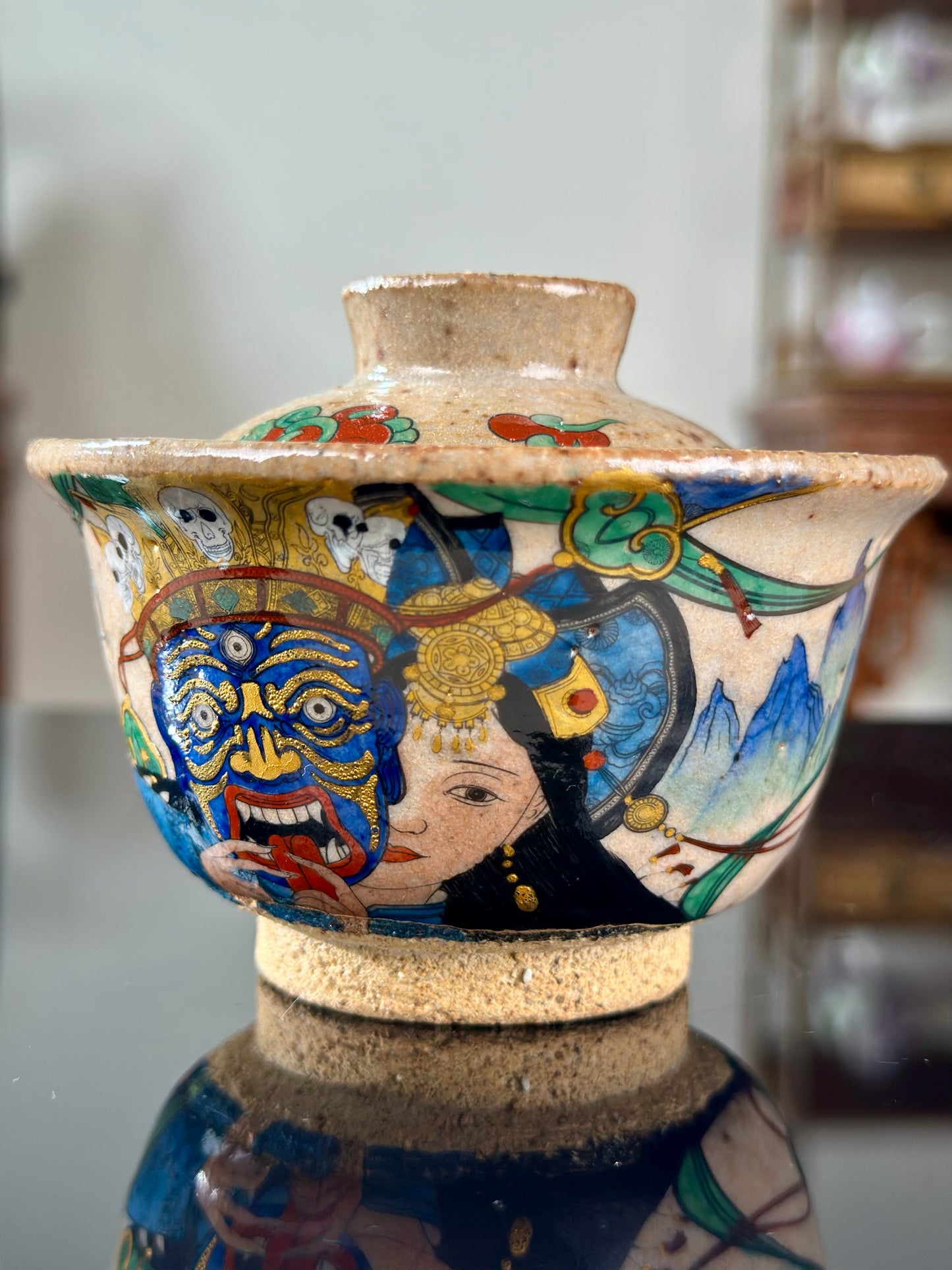 Handpainted Original Designed Chinese Tibetan Style Pottery Gaiwan Teacup Teapot Master Set