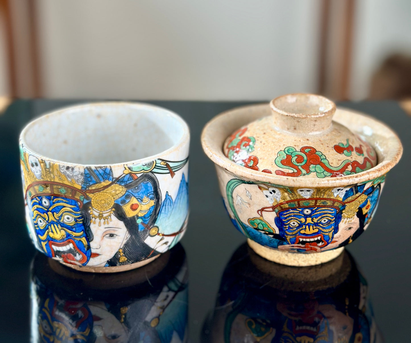 Handpainted Original Designed Chinese Tibetan Style Pottery Gaiwan Teacup Teapot Master Set