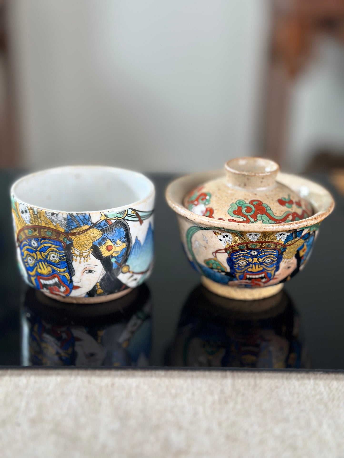 Handpainted Original Designed Chinese Tibetan Style Pottery Gaiwan Teacup Teapot Master Set