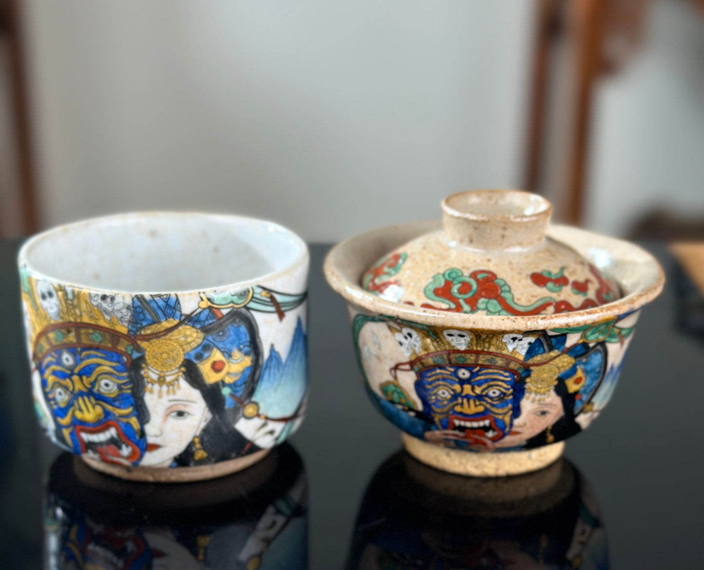 Handpainted Original Designed Chinese Tibetan Style Pottery Gaiwan Teacup Teapot Master Set