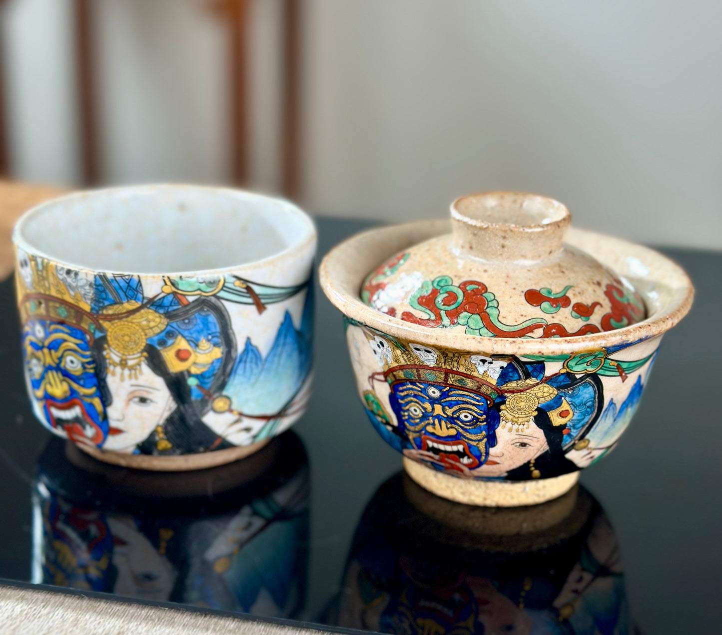 Handpainted Original Designed Chinese Tibetan Style Pottery Gaiwan Teacup Teapot Master Set