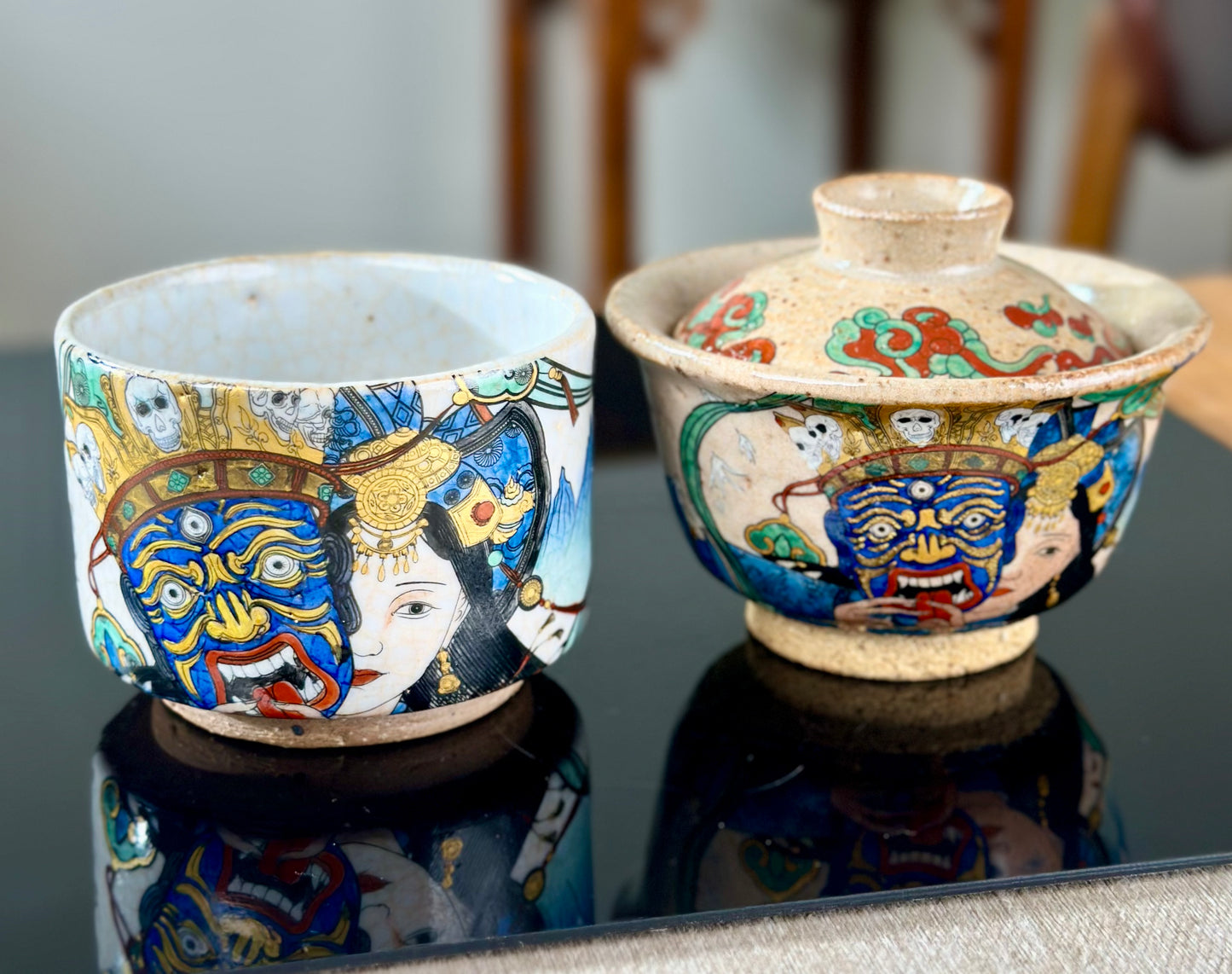 Handpainted Original Designed Chinese Tibetan Style Pottery Gaiwan Teacup Teapot Master Set