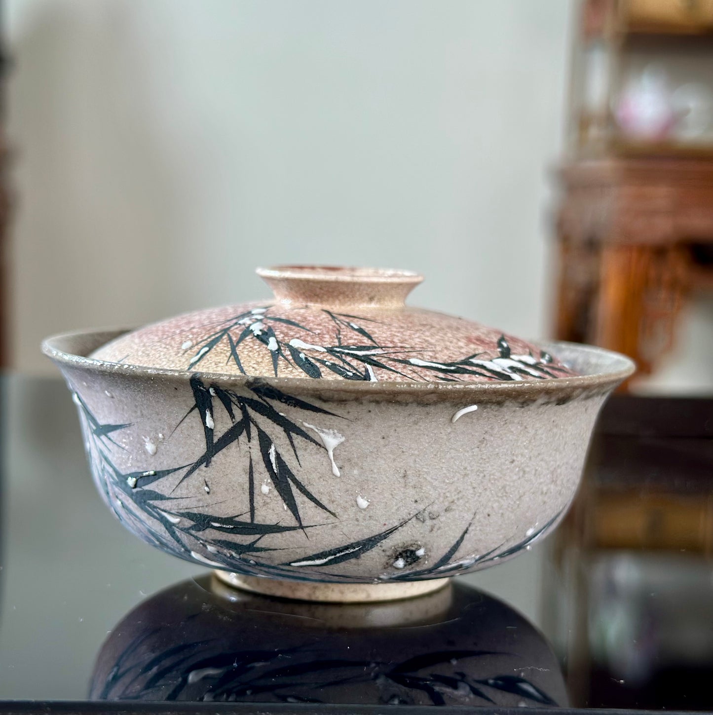 Handmade Woodfired Original Designed Snowing Bamboo Pattern Artwork Gaiwan Teacup Teapot Set