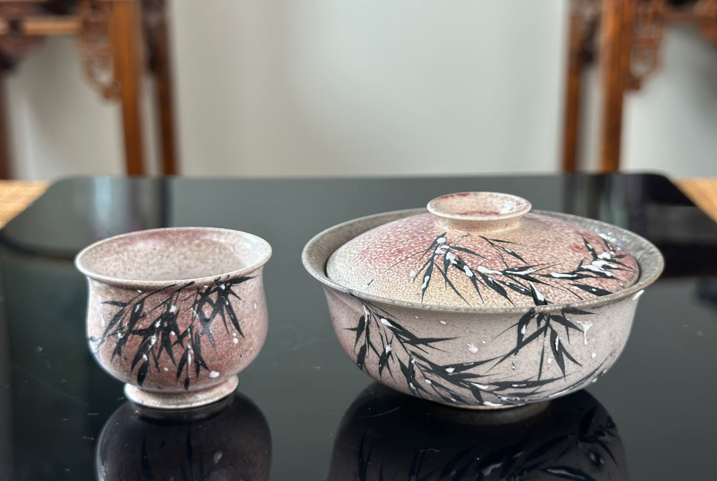 Handmade Woodfired Original Designed Snowing Bamboo Pattern Artwork Gaiwan Teacup Teapot Set