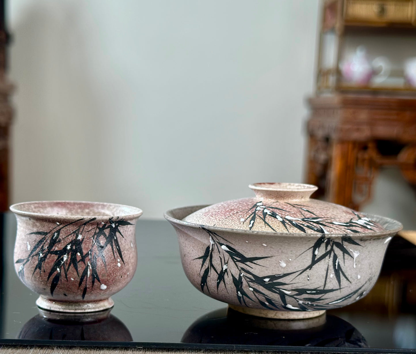 Handmade Woodfired Original Designed Snowing Bamboo Pattern Artwork Gaiwan Teacup Teapot Set