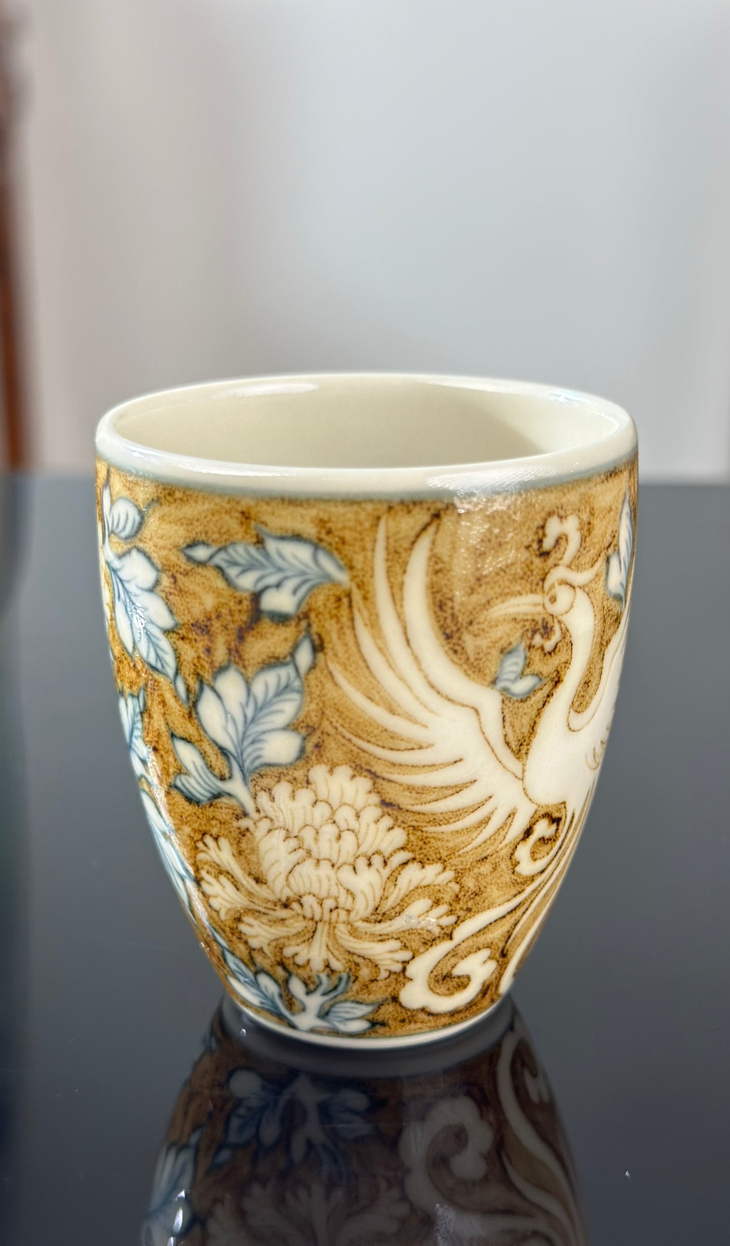 Handpainted Chinese Luxious Blue White Porcelain Underglaze Gold Youlijin Traditional Phoeni Pattern Artwork Teacup