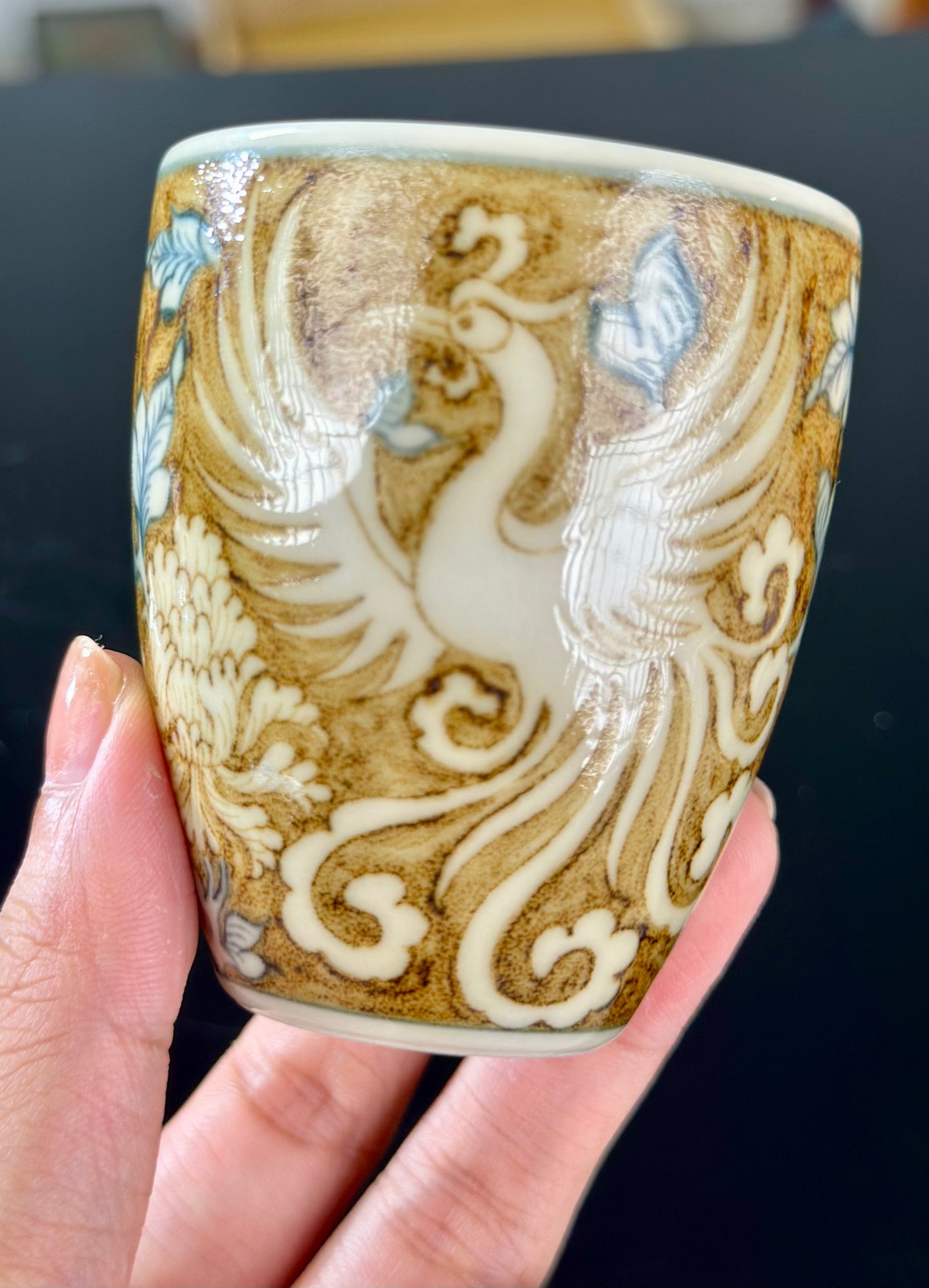 Handpainted Chinese Luxious Blue White Porcelain Underglaze Gold Youlijin Traditional Phoeni Pattern Artwork Teacup