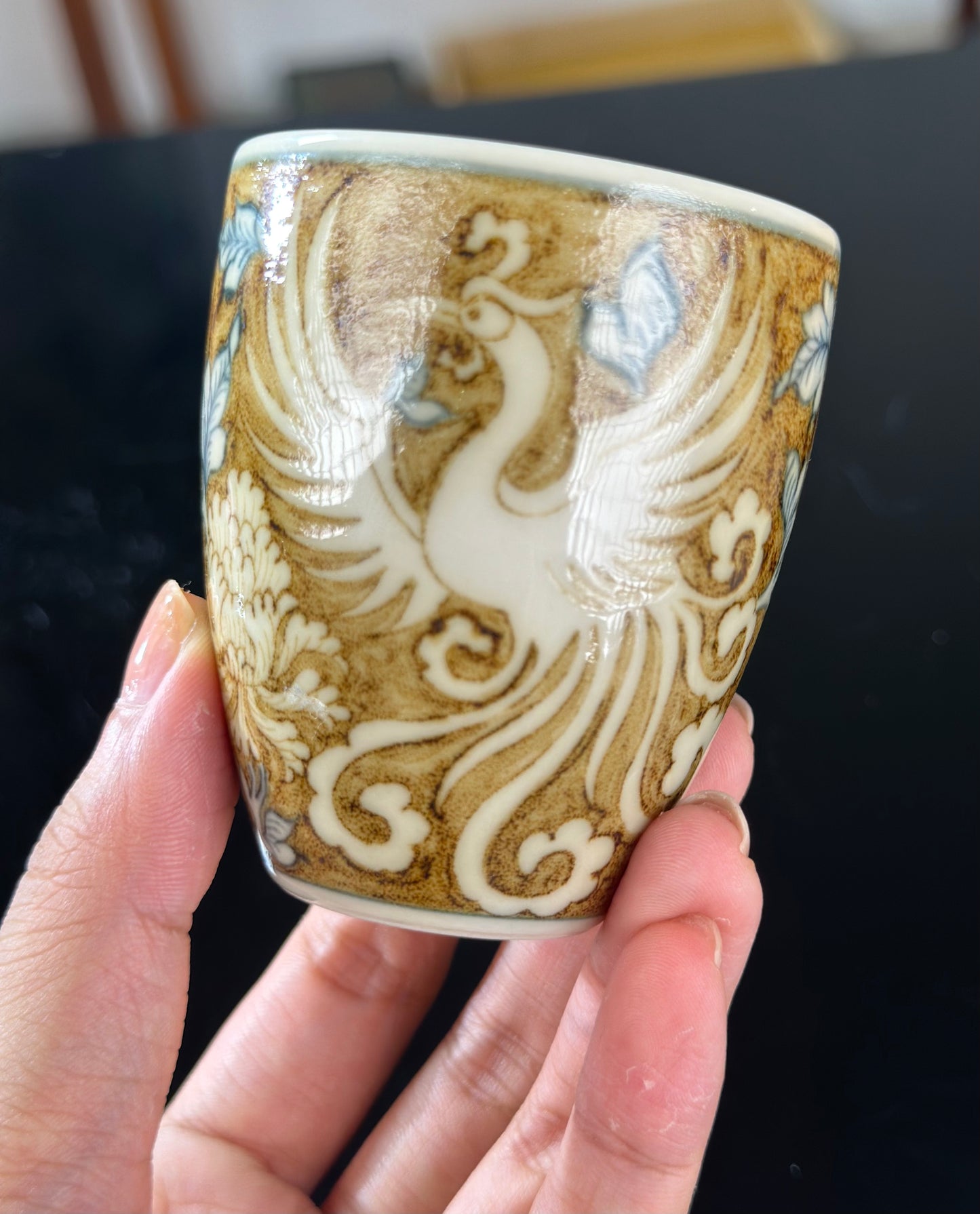 Handpainted Chinese Luxious Blue White Porcelain Underglaze Gold Youlijin Traditional Phoeni Pattern Artwork Teacup