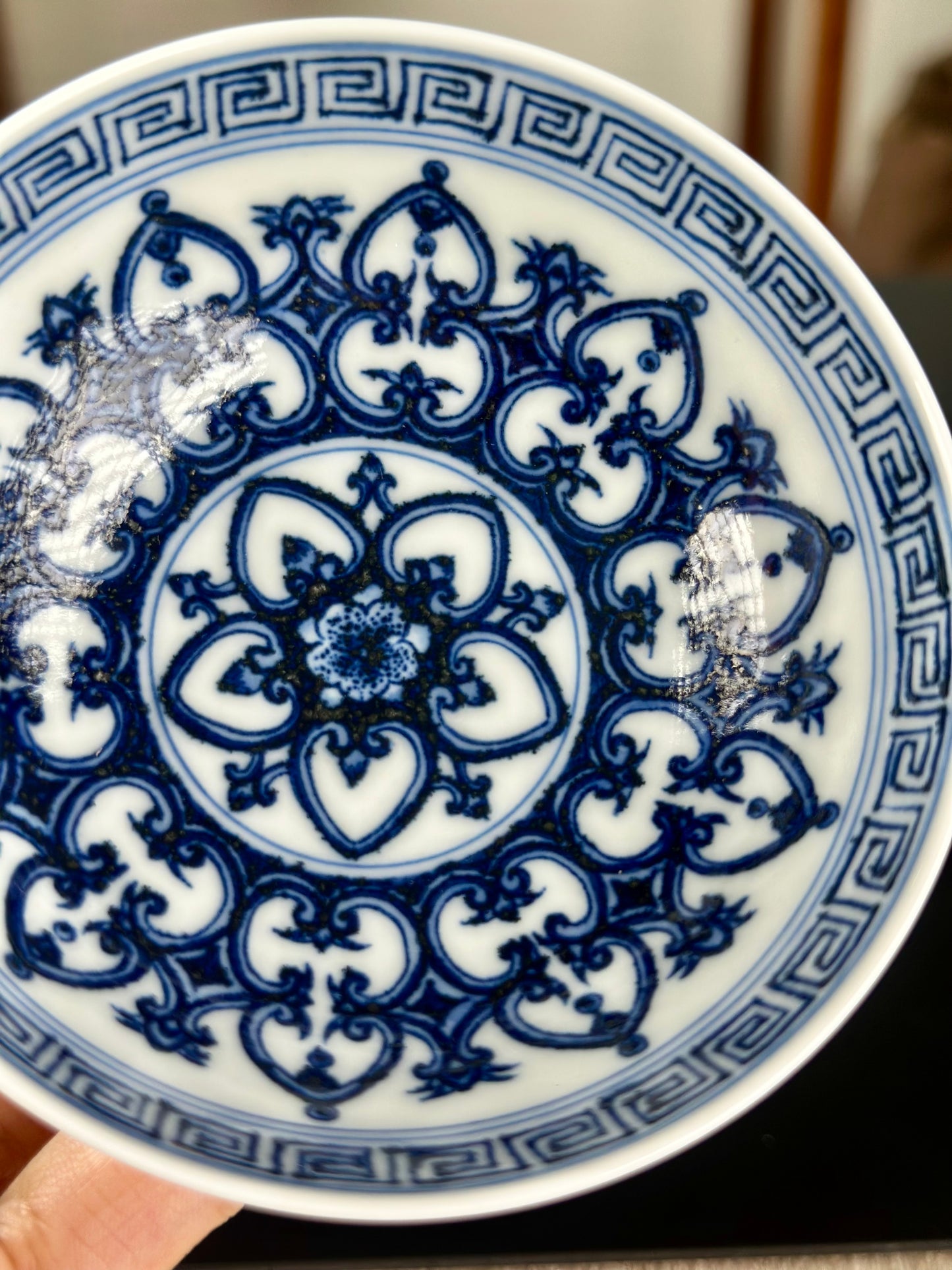 Handpainted Chinese Blue and White Underglaze Red Youlihong Porcelain Jingdezhen Traditional Baoxiang Flower Pattern Teacup