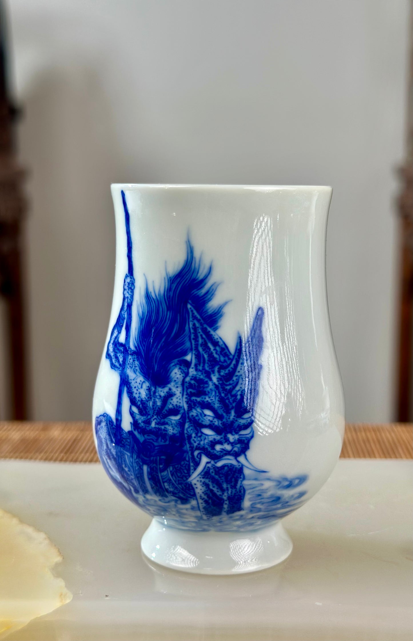 Hand Painted Chinese Blue And White Porcelain Classic Mythical Potrait Xingtian Teacup Jingdezhen Master Ceramic Artwork