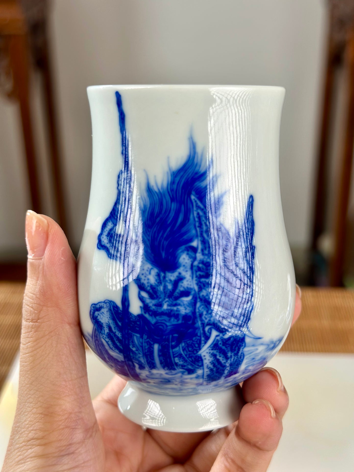 Hand Painted Chinese Blue And White Porcelain Classic Mythical Potrait Xingtian Teacup Jingdezhen Master Ceramic Artwork