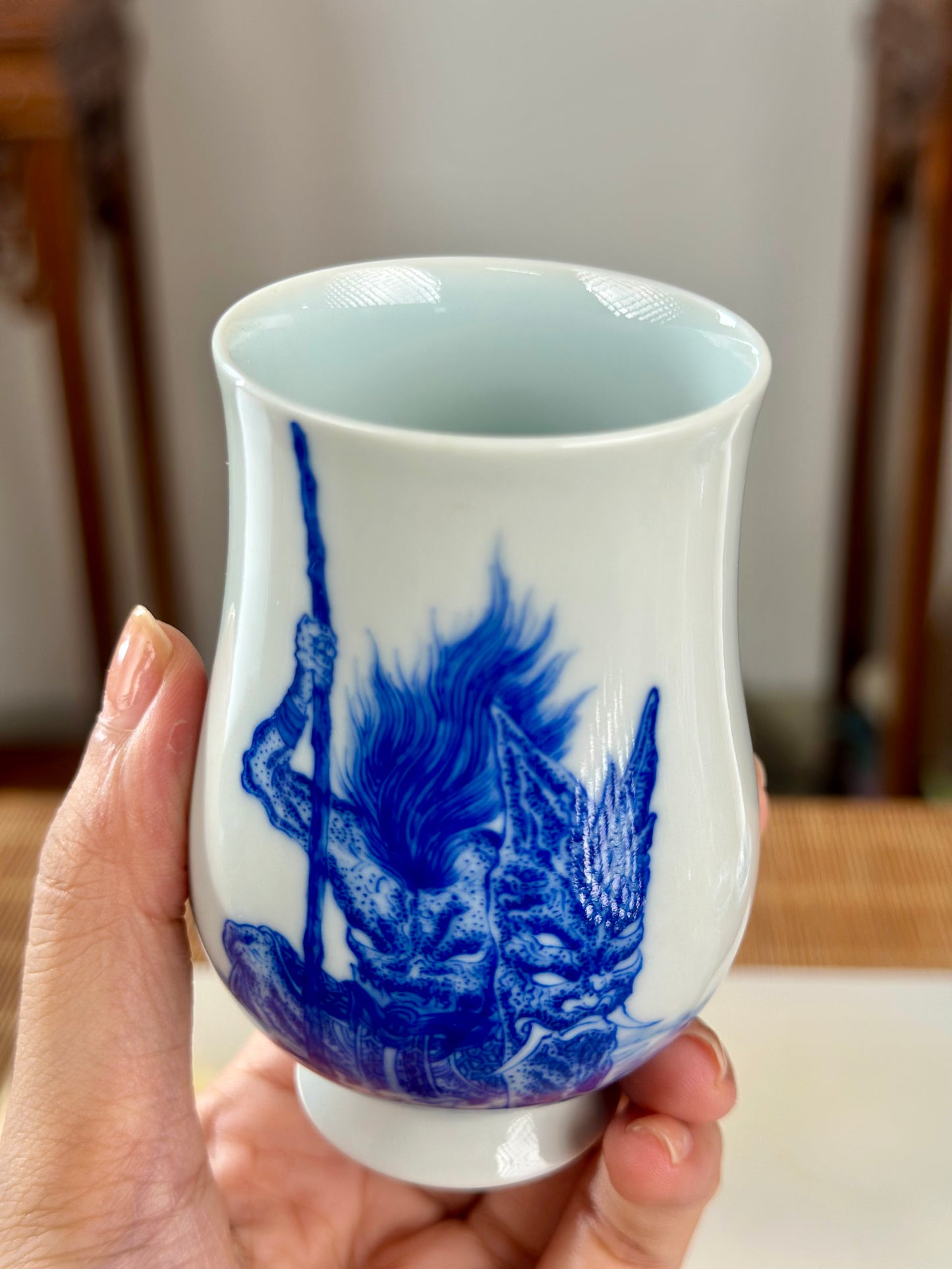Hand Painted Chinese Blue And White Porcelain Classic Mythical Potrait Xingtian Teacup Jingdezhen Master Ceramic Artwork