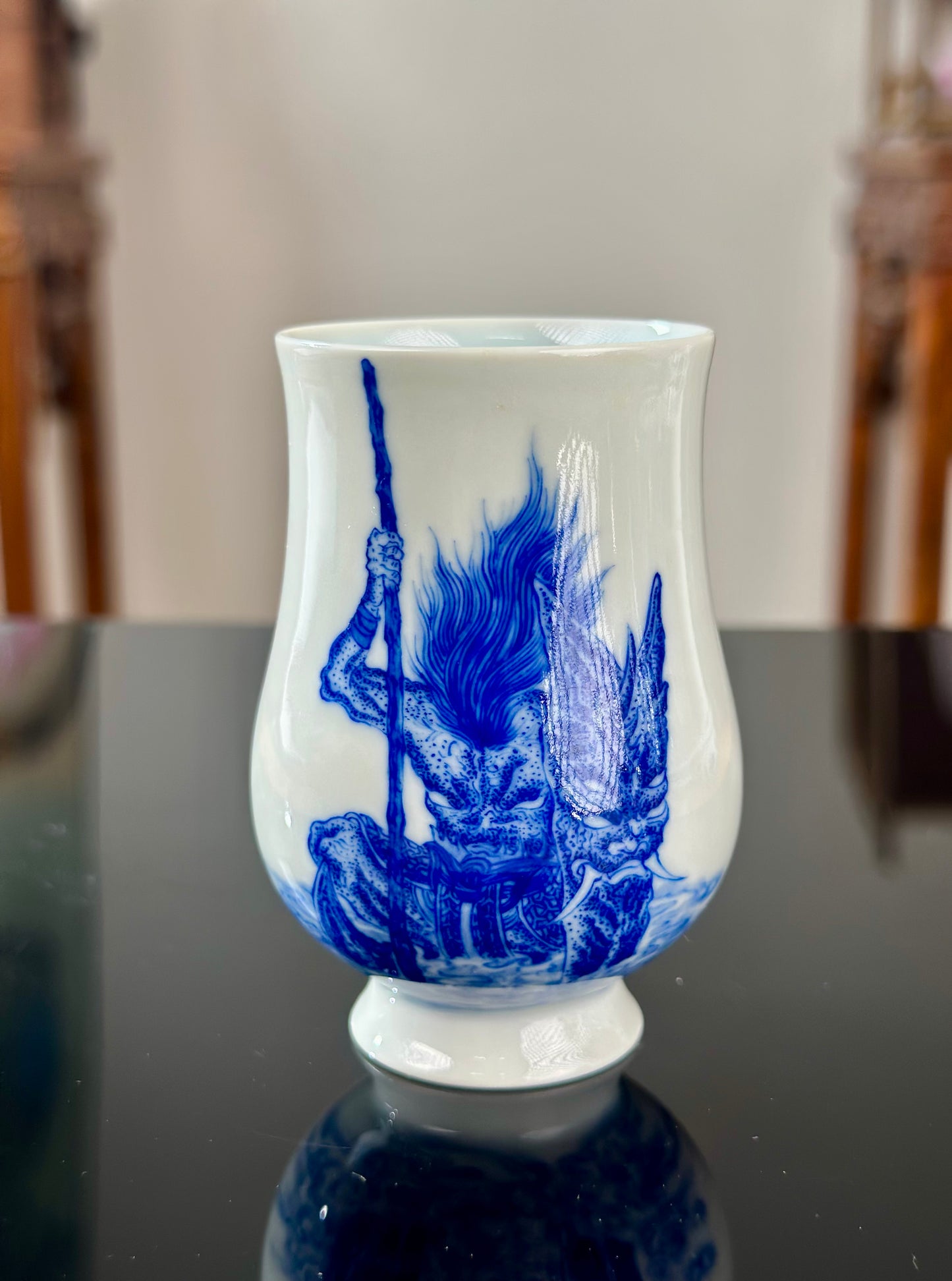 Hand Painted Chinese Blue And White Porcelain Classic Mythical Potrait Xingtian Teacup Jingdezhen Master Ceramic Artwork