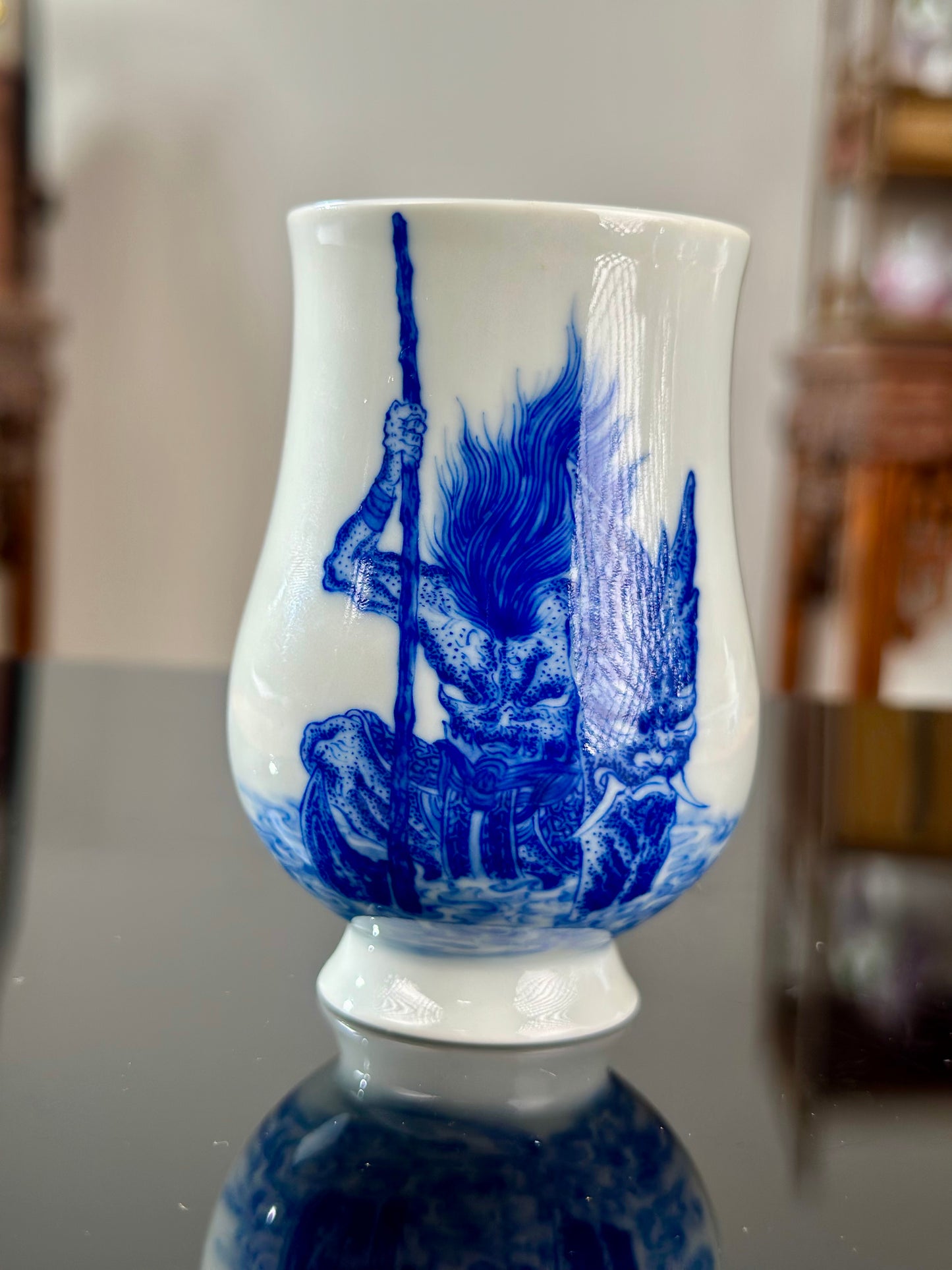 Hand Painted Chinese Blue And White Porcelain Classic Mythical Potrait Xingtian Teacup Jingdezhen Master Ceramic Artwork