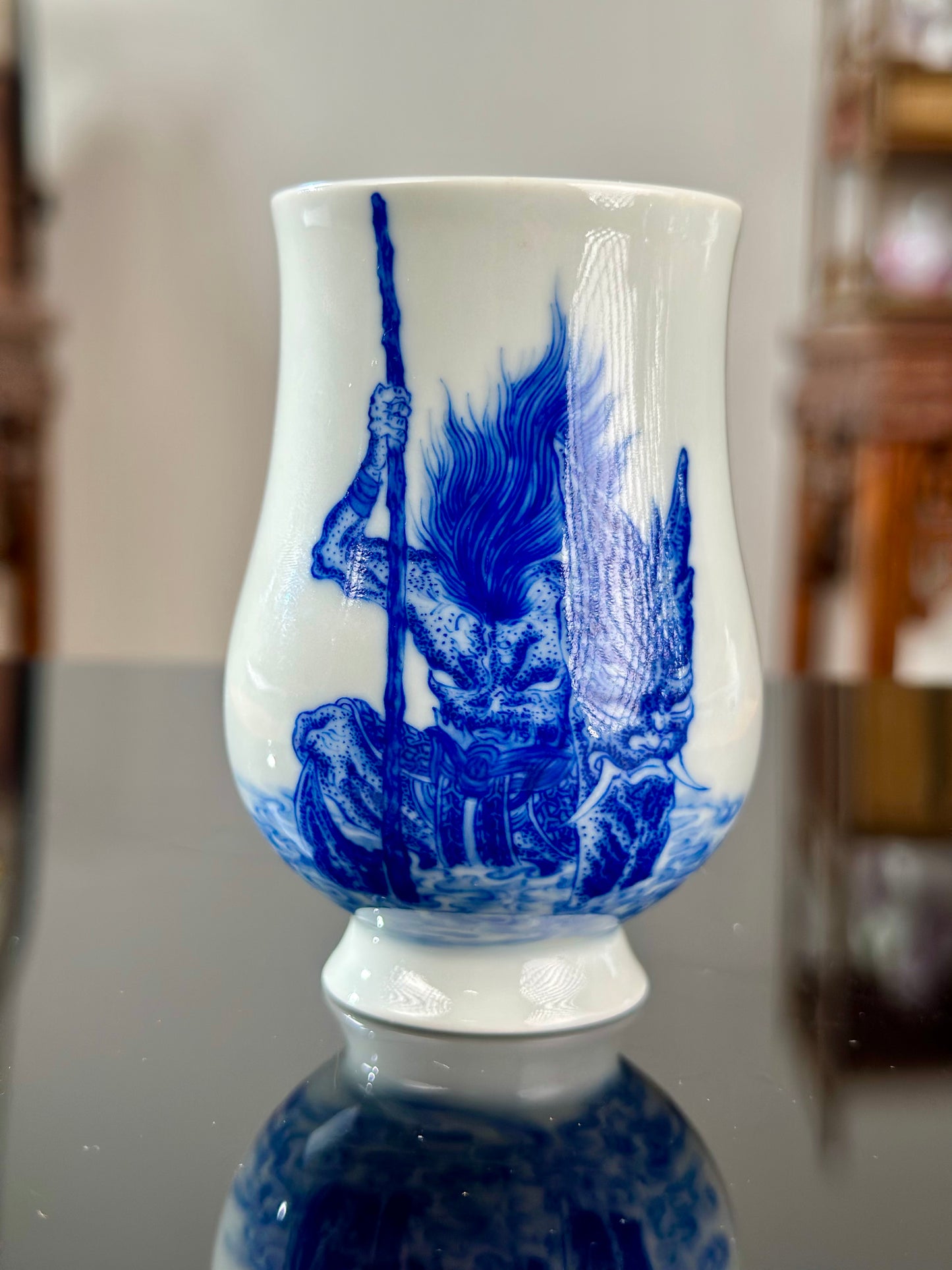 Hand Painted Chinese Blue And White Porcelain Classic Mythical Potrait Xingtian Teacup Jingdezhen Master Ceramic Artwork