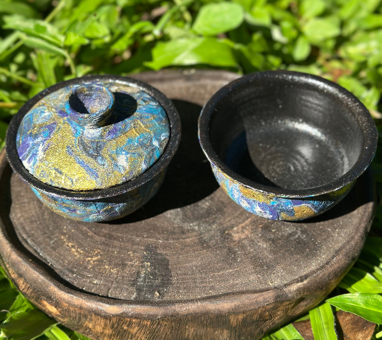 Handcrafted Traditional Chinese Lacquer Ware Purple Blue Gaiwan Pottery Varied Color Teacup Set