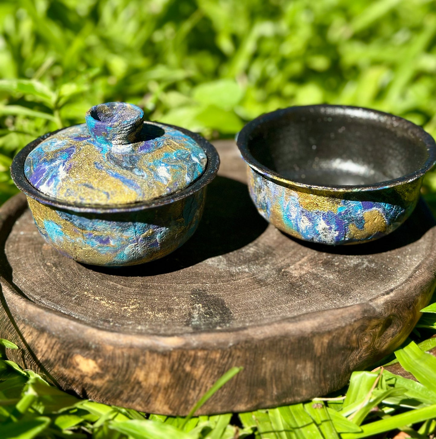 Handcrafted Traditional Chinese Lacquer Ware Purple Blue Gaiwan Pottery Varied Color Teacup Set