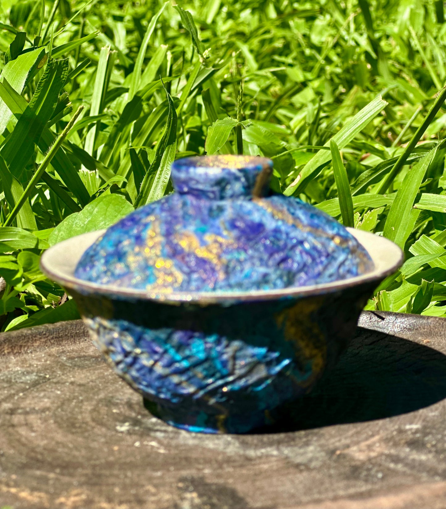 Handcrafted Traditional Artwork Chinese Lacquer Ware Gaiwan pottery Purple Blue Varied Color Teacup Set