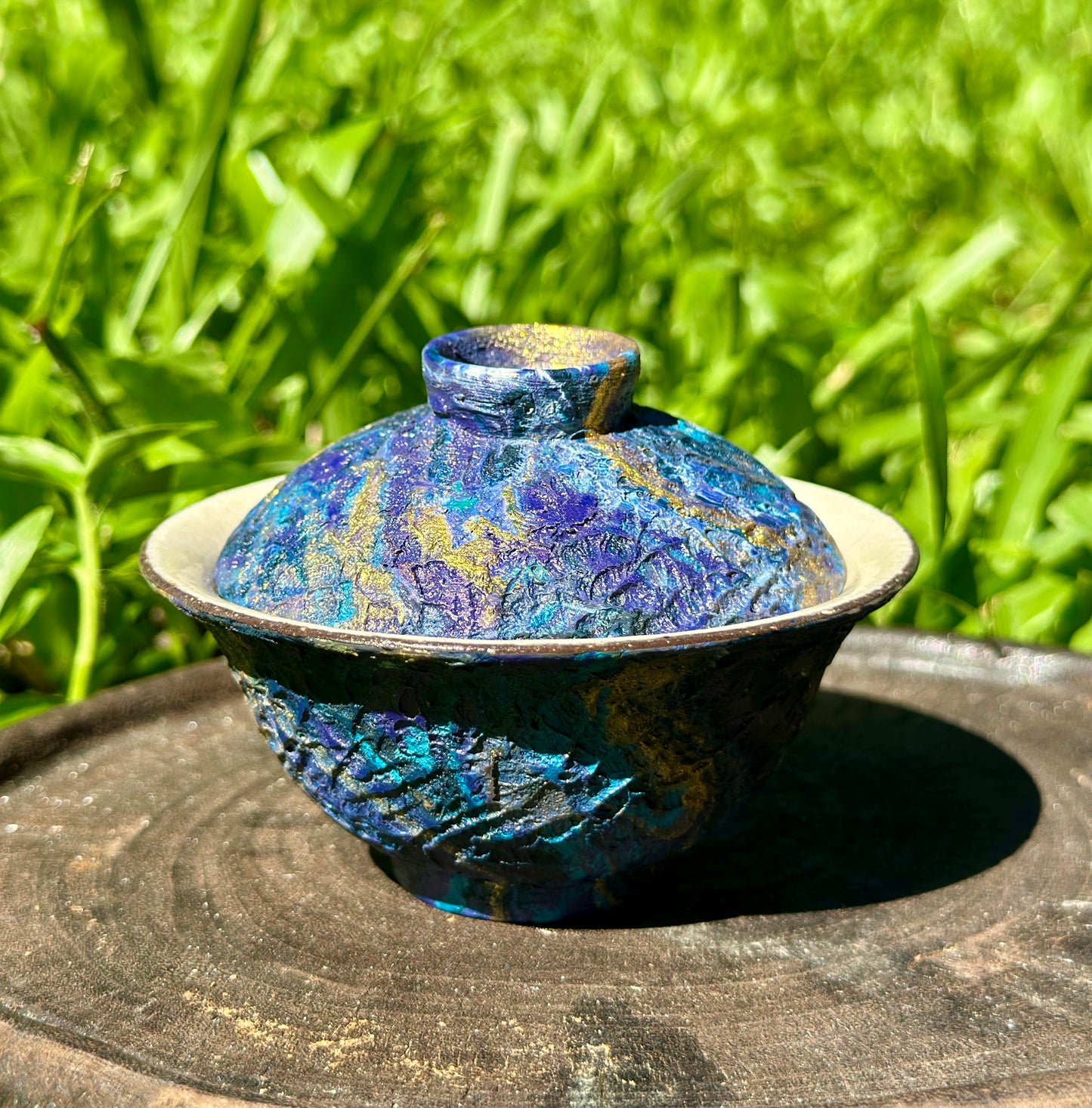 Handcrafted Traditional Artwork Chinese Lacquer Ware Gaiwan pottery Purple Blue Varied Color Teacup Set