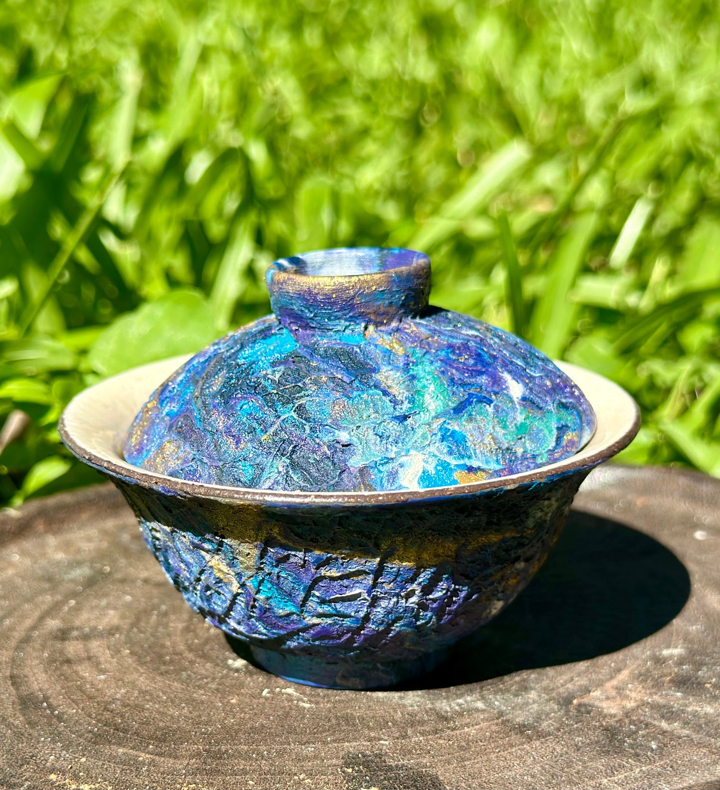 Handcrafted Traditional Artwork Chinese Lacquer Ware Gaiwan pottery Purple Blue Varied Color Teacup Set