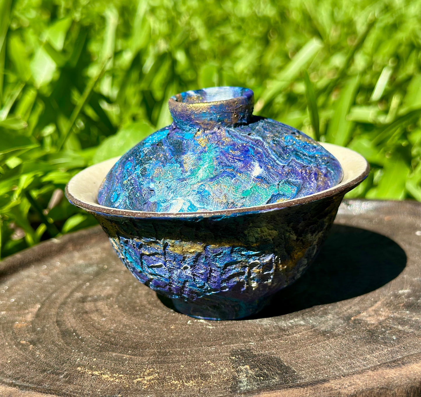 Handcrafted Traditional Artwork Chinese Lacquer Ware Gaiwan pottery Purple Blue Varied Color Teacup Set