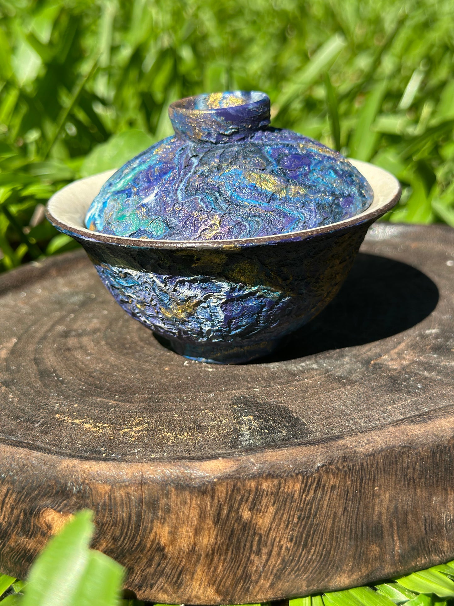 Handcrafted Traditional Artwork Chinese Lacquer Ware Gaiwan pottery Purple Blue Varied Color Teacup Set