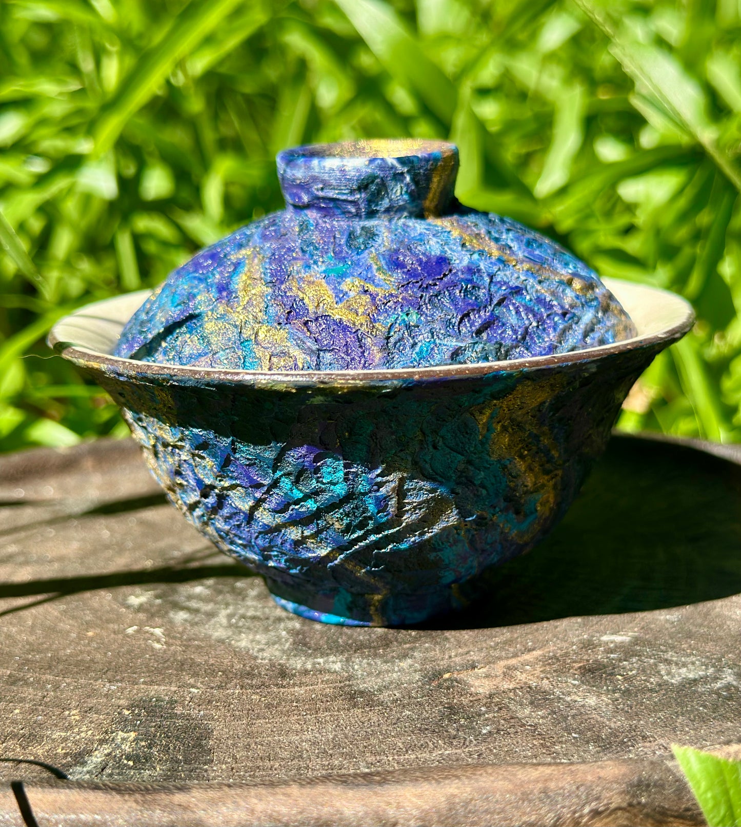 Handcrafted Traditional Artwork Chinese Lacquer Ware Gaiwan pottery Purple Blue Varied Color Teacup Set