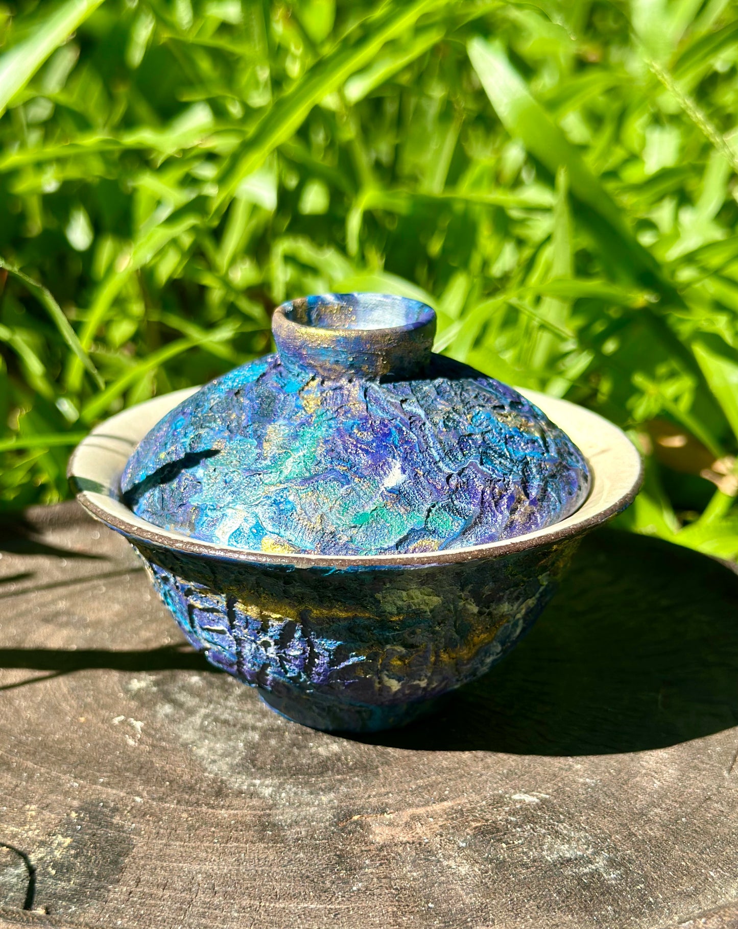 Handcrafted Traditional Artwork Chinese Lacquer Ware Gaiwan pottery Purple Blue Varied Color Teacup Set