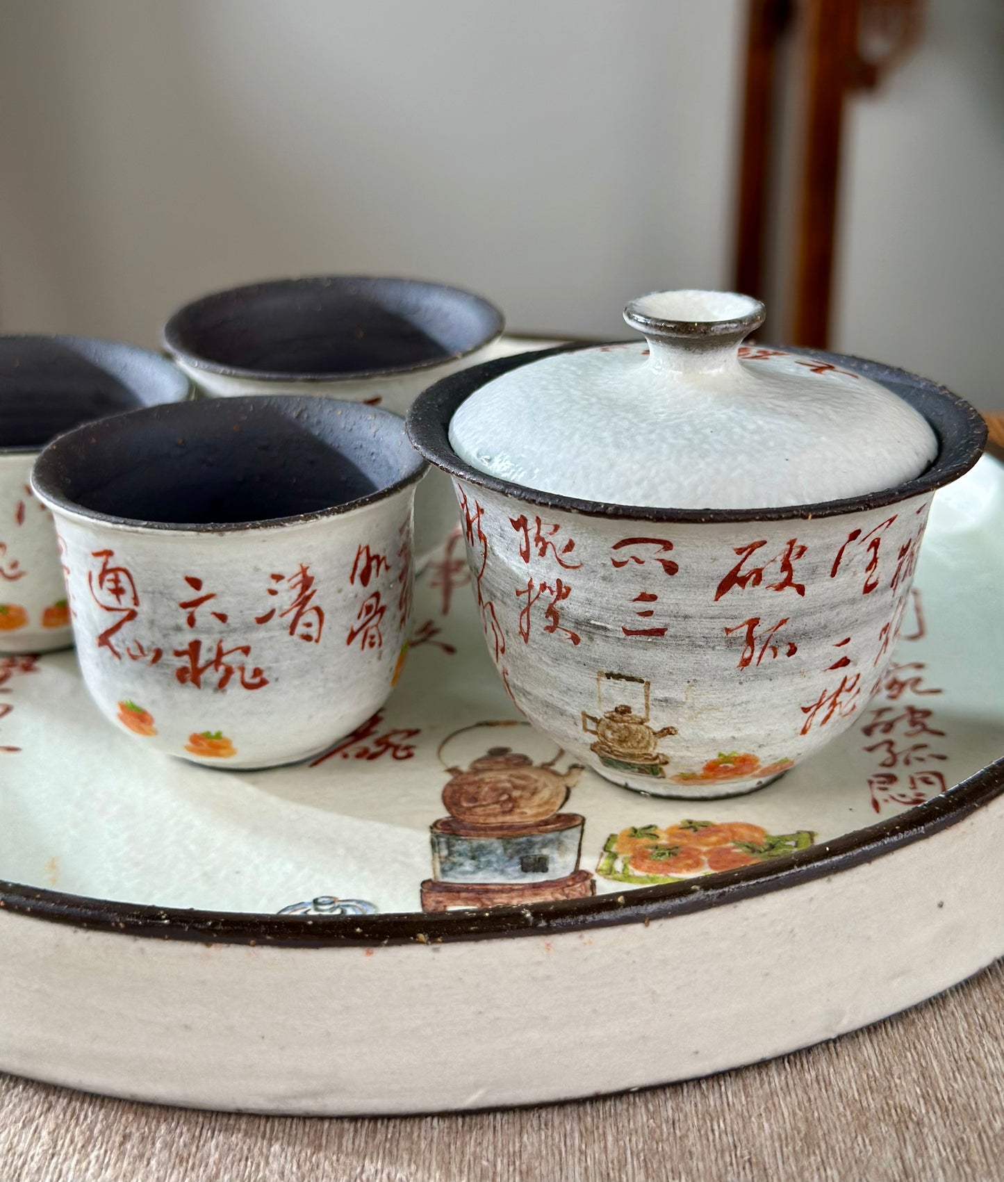 Handmade Gaiwan Artwork Zen Jingdezhen Style Chinese Hand Painted Chinese Calligraphy Pottery Gongfu Cha Teaware TeaSet
