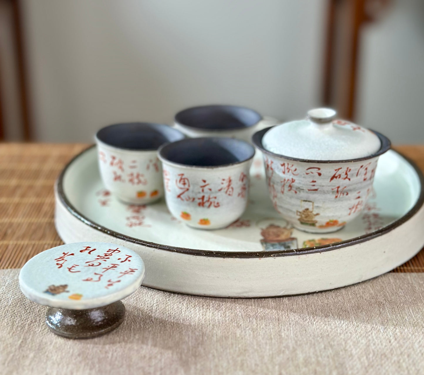 Handmade Gaiwan Artwork Zen Jingdezhen Style Chinese Hand Painted Chinese Calligraphy Pottery Gongfu Cha Teaware TeaSet