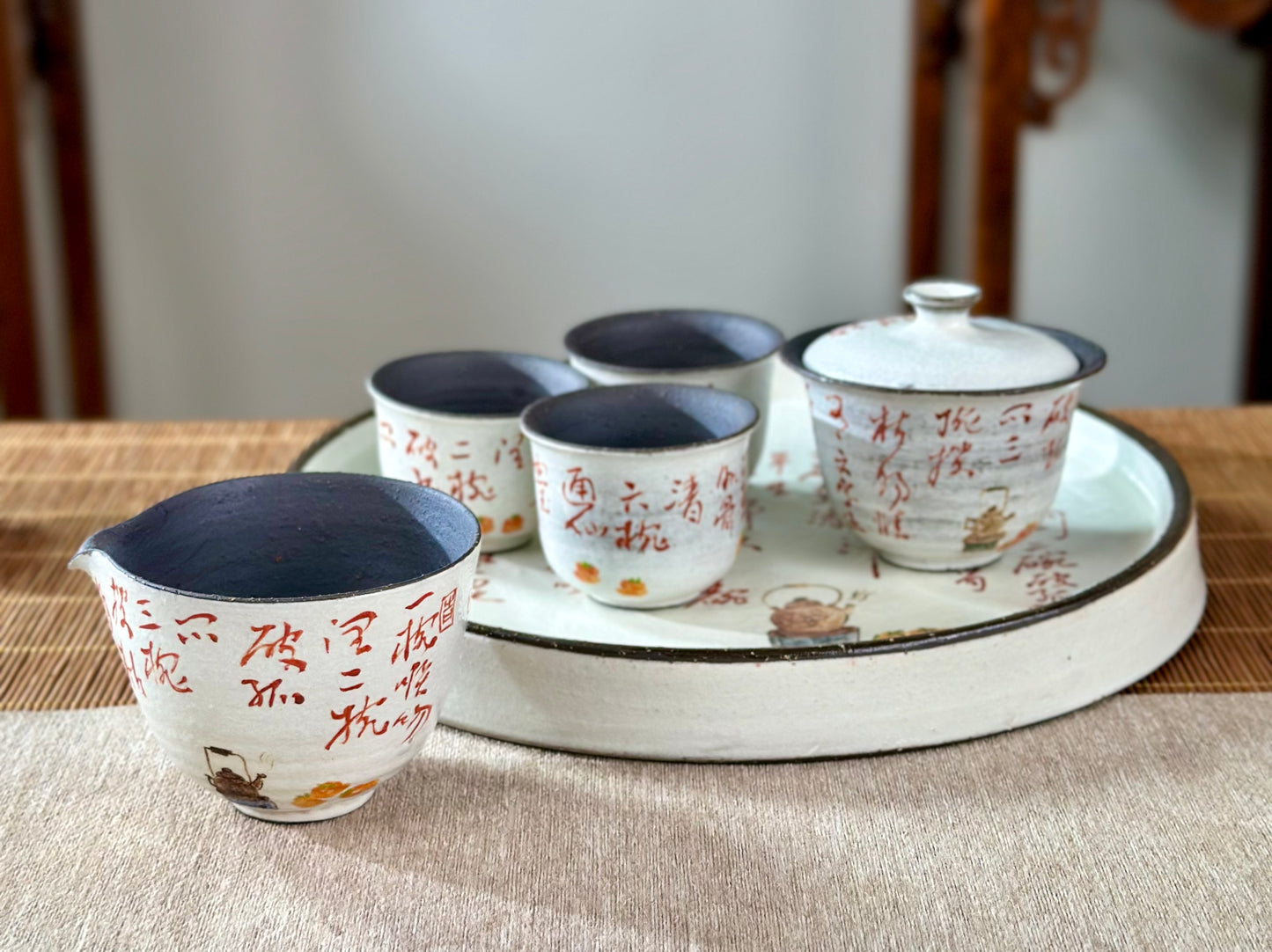 Handmade Gaiwan Artwork Zen Jingdezhen Style Chinese Hand Painted Chinese Calligraphy Pottery Gongfu Cha Teaware TeaSet