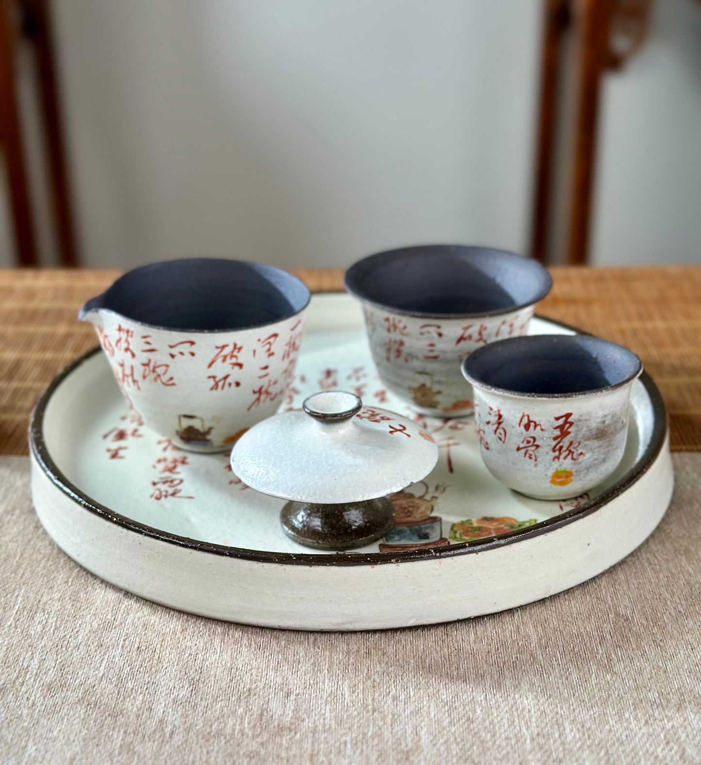 Handmade Gaiwan Artwork Zen Jingdezhen Style Chinese Hand Painted Chinese Calligraphy Pottery Gongfu Cha Teaware TeaSet