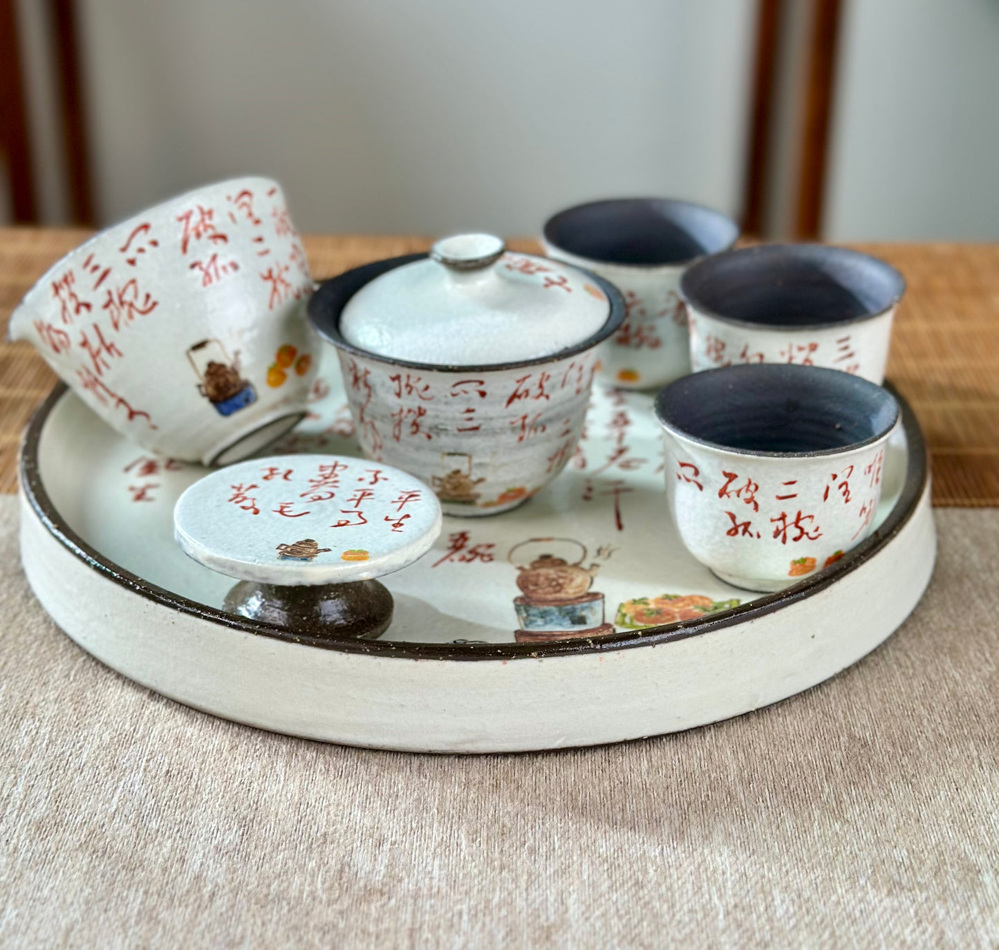 Handmade Gaiwan Artwork Zen Jingdezhen Style Chinese Hand Painted Chinese Calligraphy Pottery Gongfu Cha Teaware TeaSet