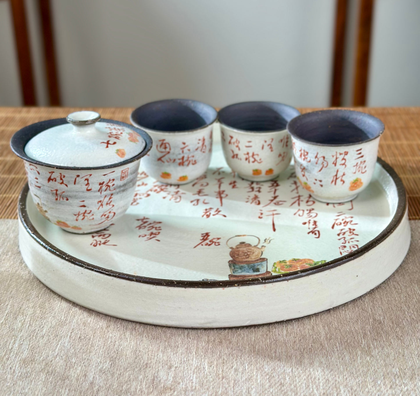 Handmade Gaiwan Artwork Zen Jingdezhen Style Chinese Hand Painted Chinese Calligraphy Pottery Gongfu Cha Teaware TeaSet