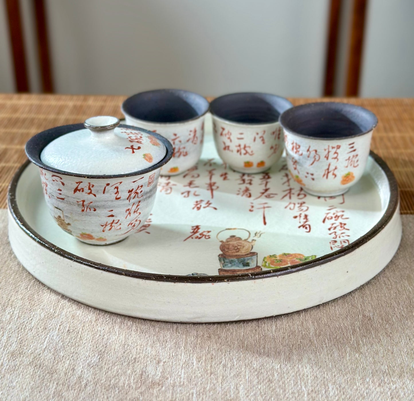 Handmade Gaiwan Artwork Zen Jingdezhen Style Chinese Hand Painted Chinese Calligraphy Pottery Gongfu Cha Teaware TeaSet