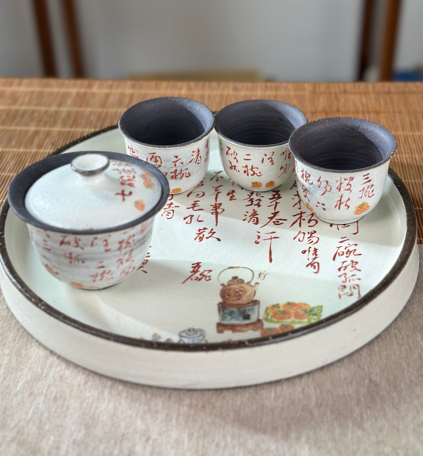 Handmade Gaiwan Artwork Zen Jingdezhen Style Chinese Hand Painted Chinese Calligraphy Pottery Gongfu Cha Teaware TeaSet