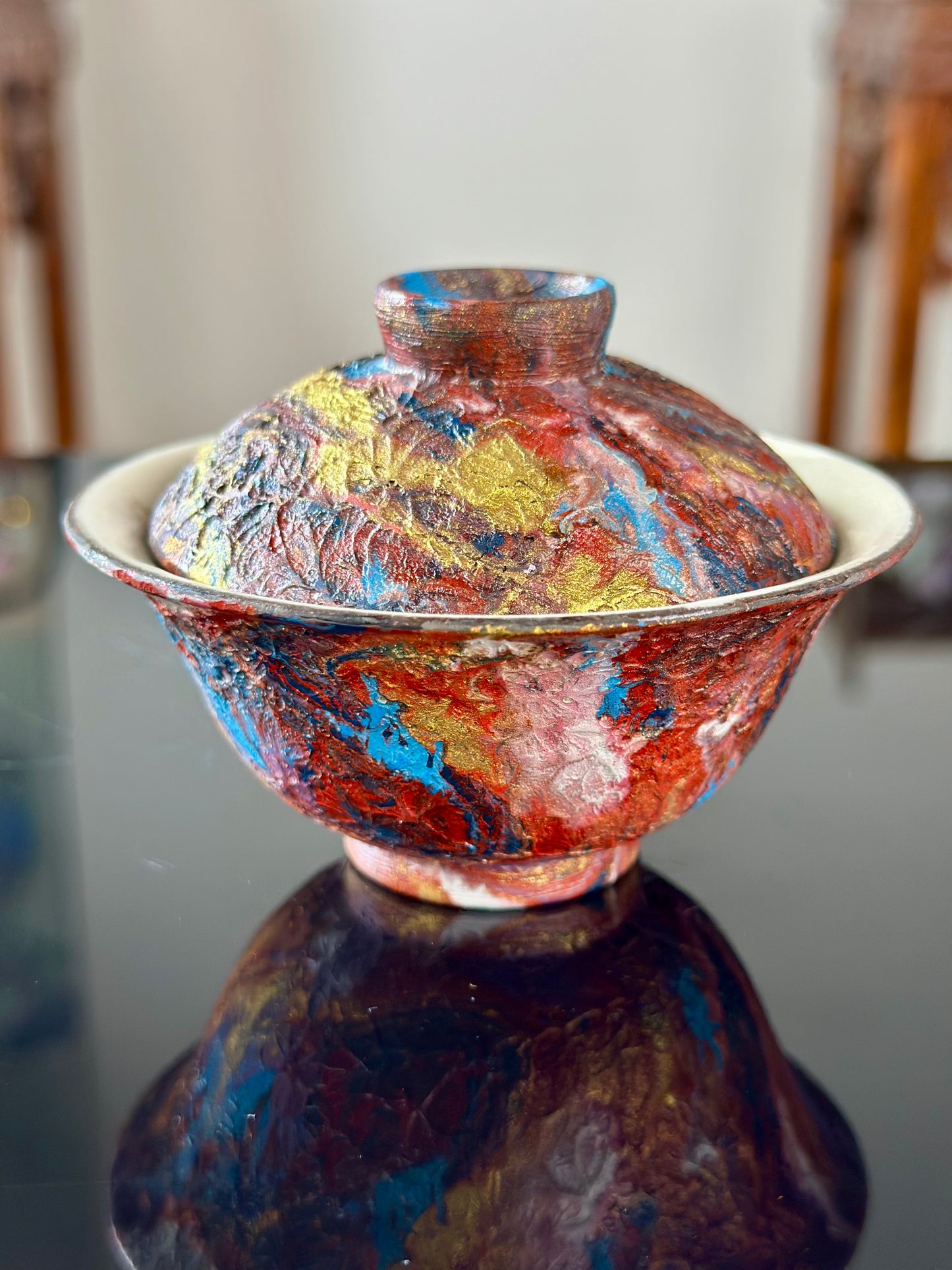 Handcrafted Traditional Chinese Lacquer Ware PRed Blue Gaiwan Pottery Varied Color Teacup Set