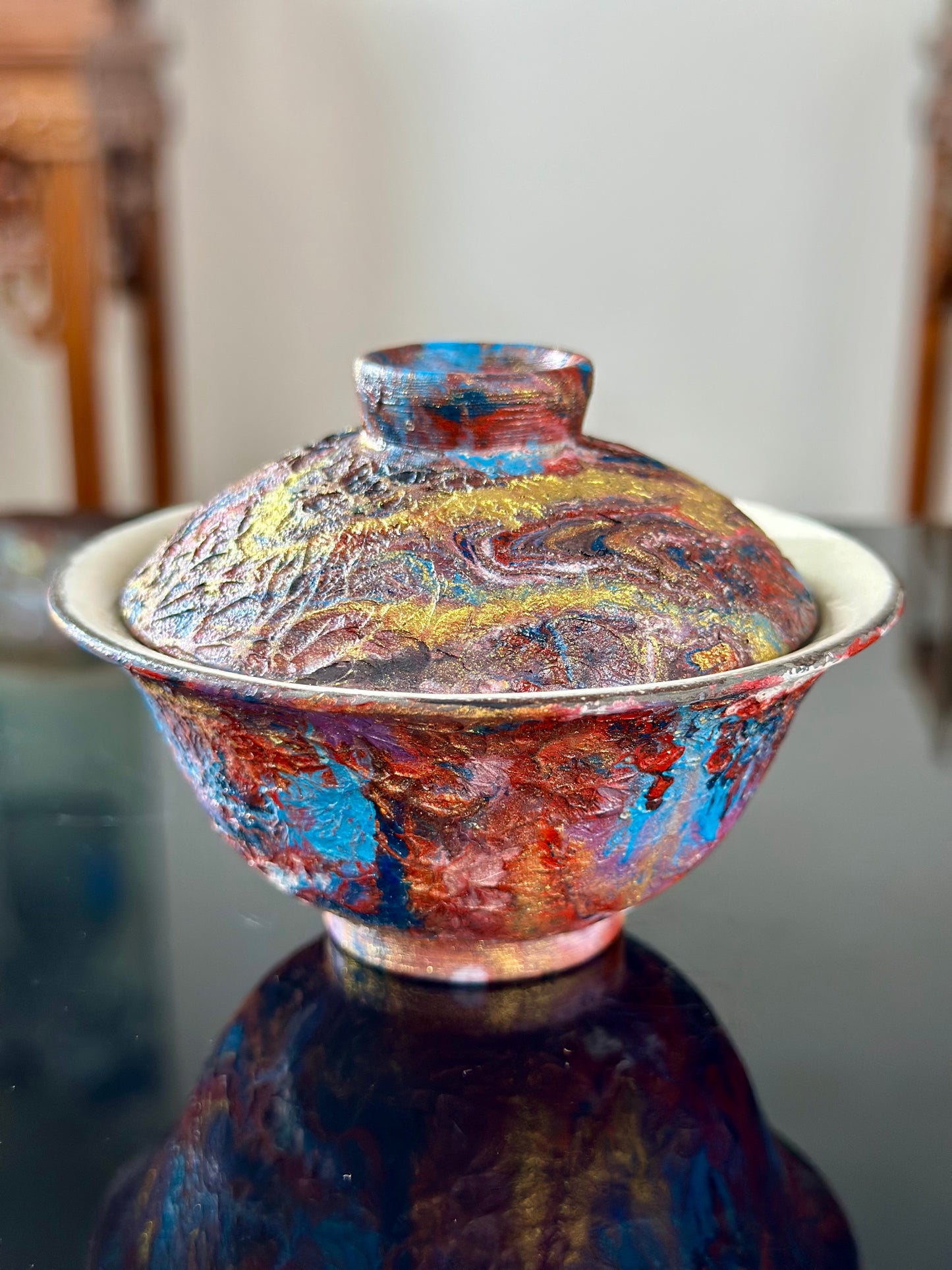 Handcrafted Traditional Chinese Lacquer Ware PRed Blue Gaiwan Pottery Varied Color Teacup Set