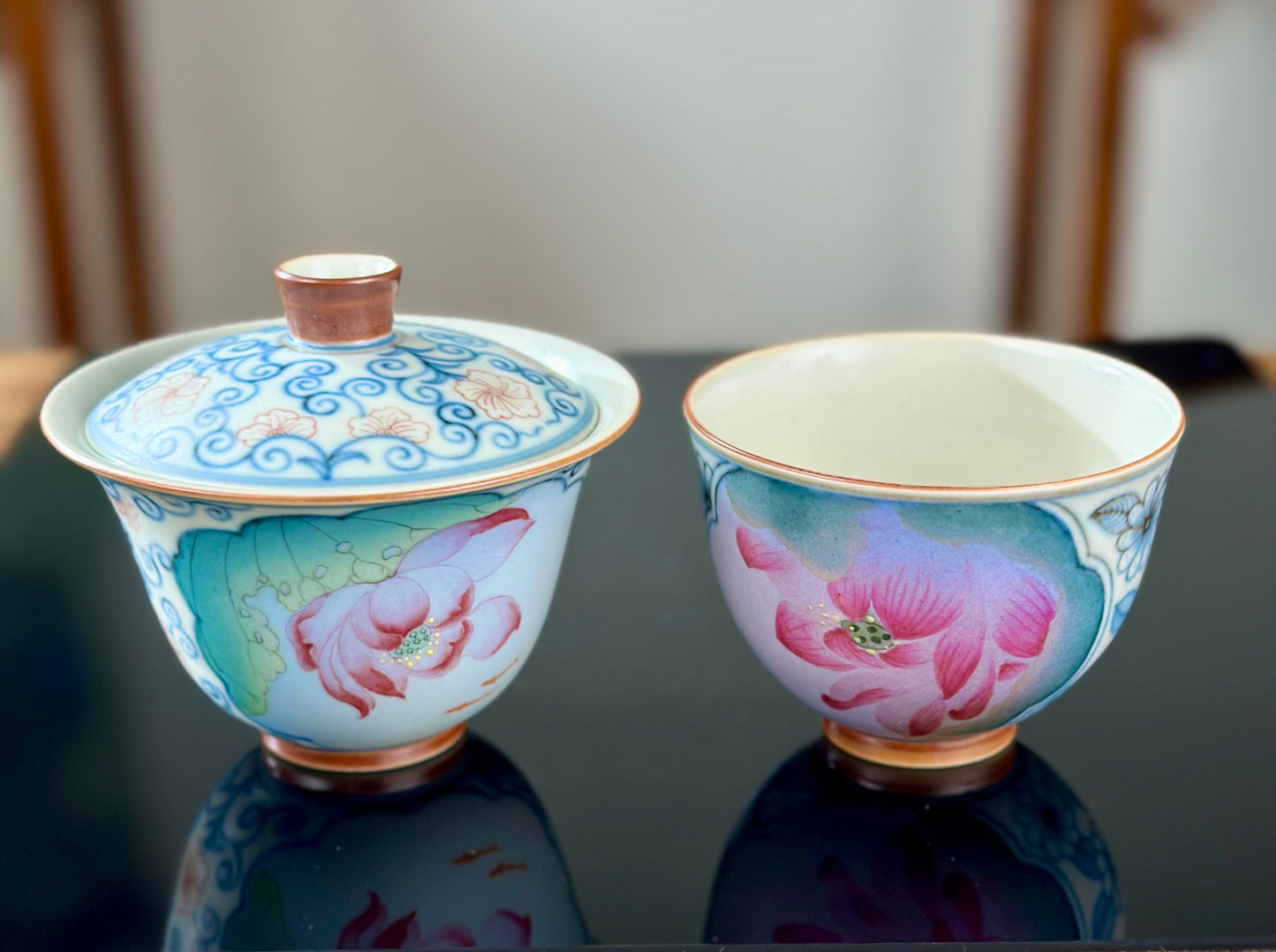 Handpainted Chinese Famille Rose Fencai Lotus Pattern Jingdezhen Master Teacup Gaiwan Tea Set