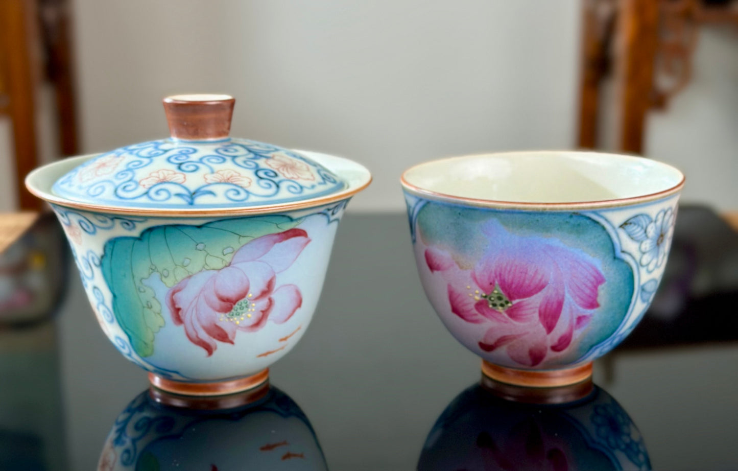 Handpainted Chinese Famille Rose Fencai Lotus Pattern Jingdezhen Master Teacup Gaiwan Tea Set