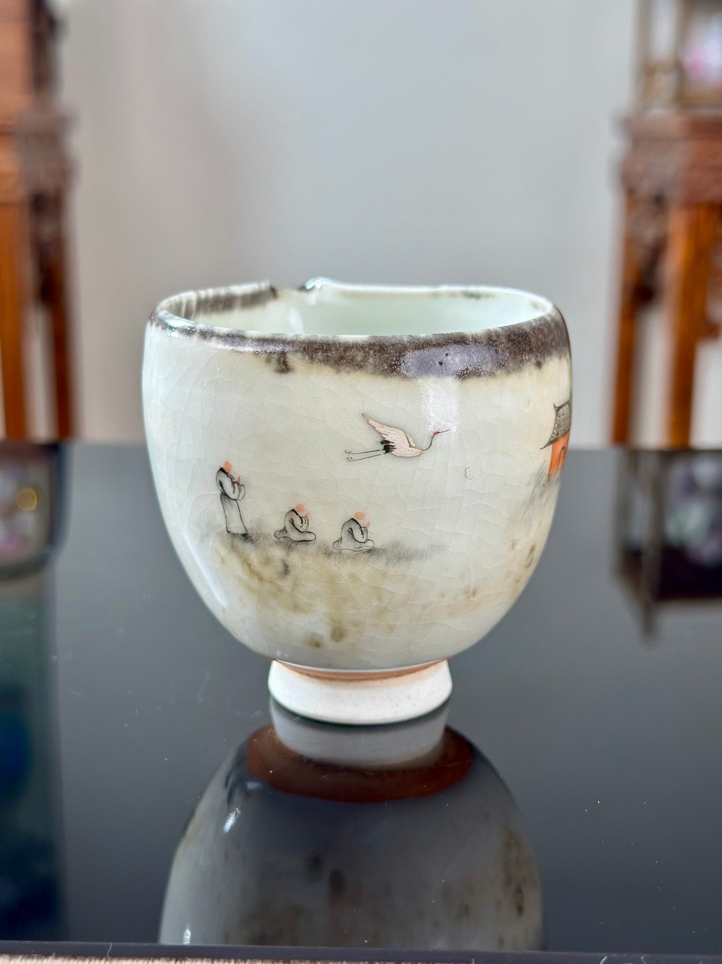 Handpainted Chinese Shino Glazed Zen Style Gaiwan Teacup Fair Cup Set Artwork