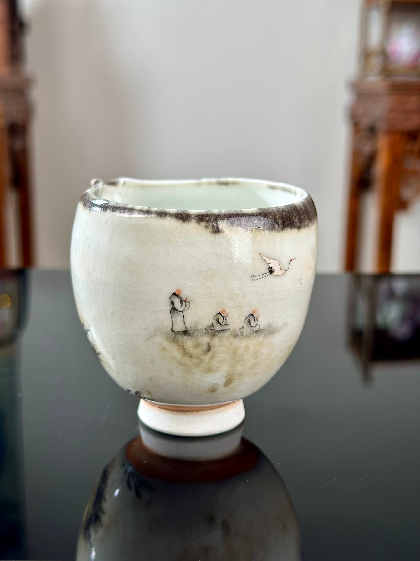 Handpainted Chinese Shino Glazed Zen Style Gaiwan Teacup Fair Cup Set Artwork