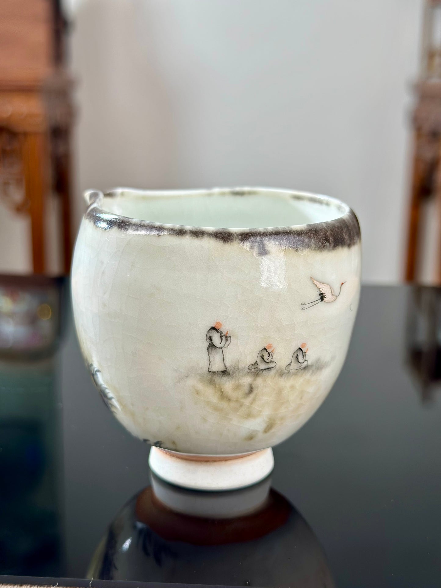 Handpainted Chinese Shino Glazed Zen Style Gaiwan Teacup Fair Cup Set Artwork