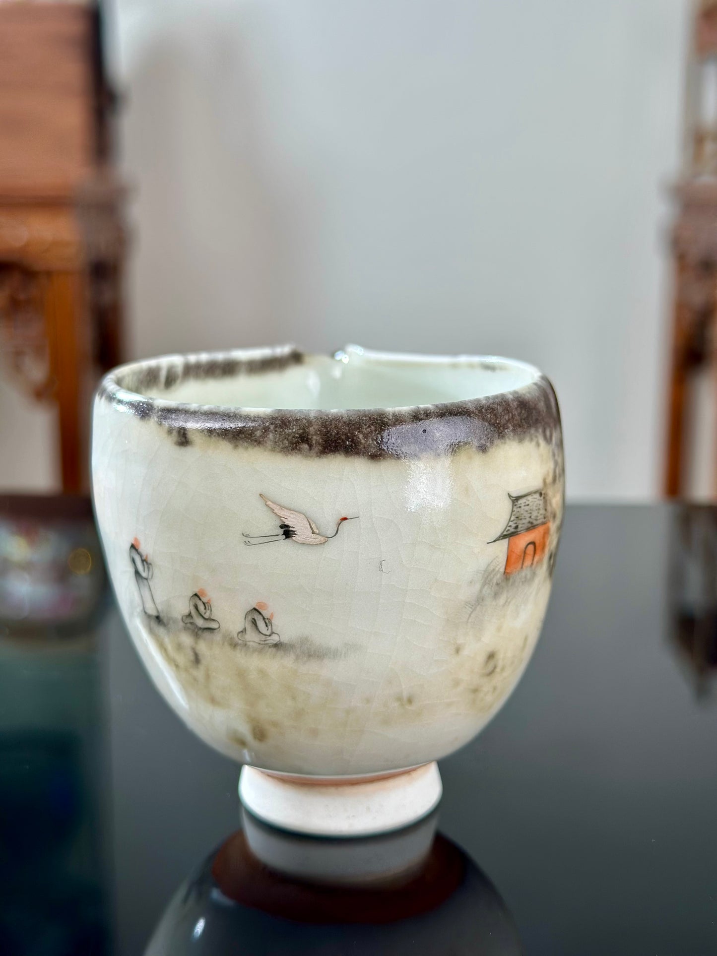 Handpainted Chinese Shino Glazed Zen Style Gaiwan Teacup Fair Cup Set Artwork