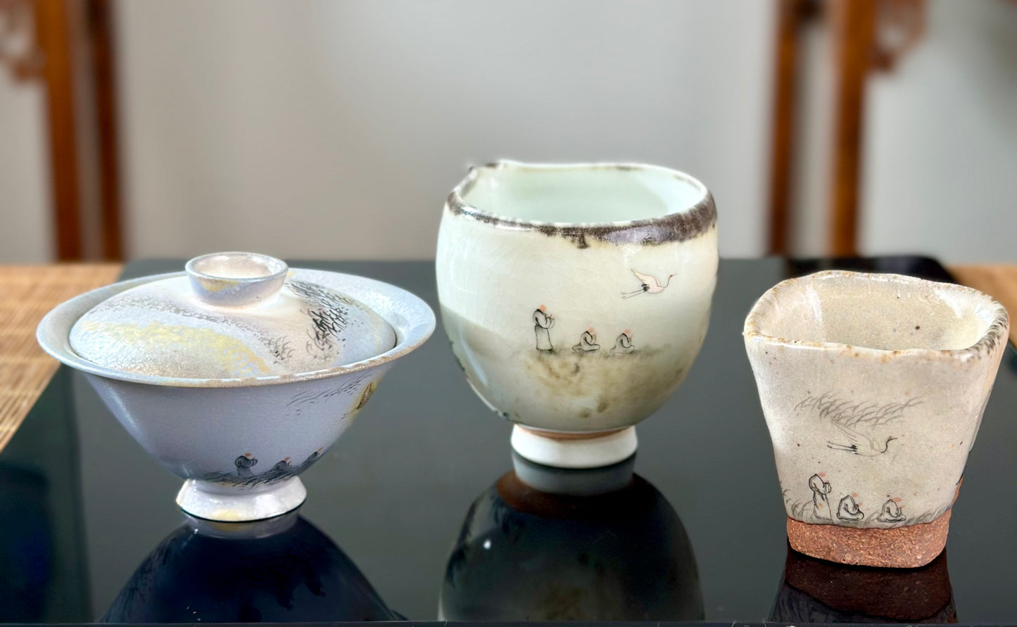 Handpainted Chinese Shino Glazed Zen Style Gaiwan Teacup Fair Cup Set Artwork
