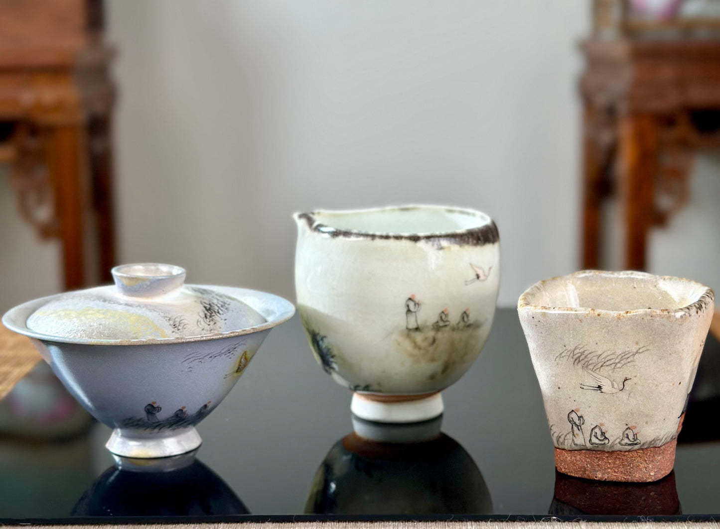 Handpainted Chinese Shino Glazed Zen Style Gaiwan Teacup Fair Cup Set Artwork