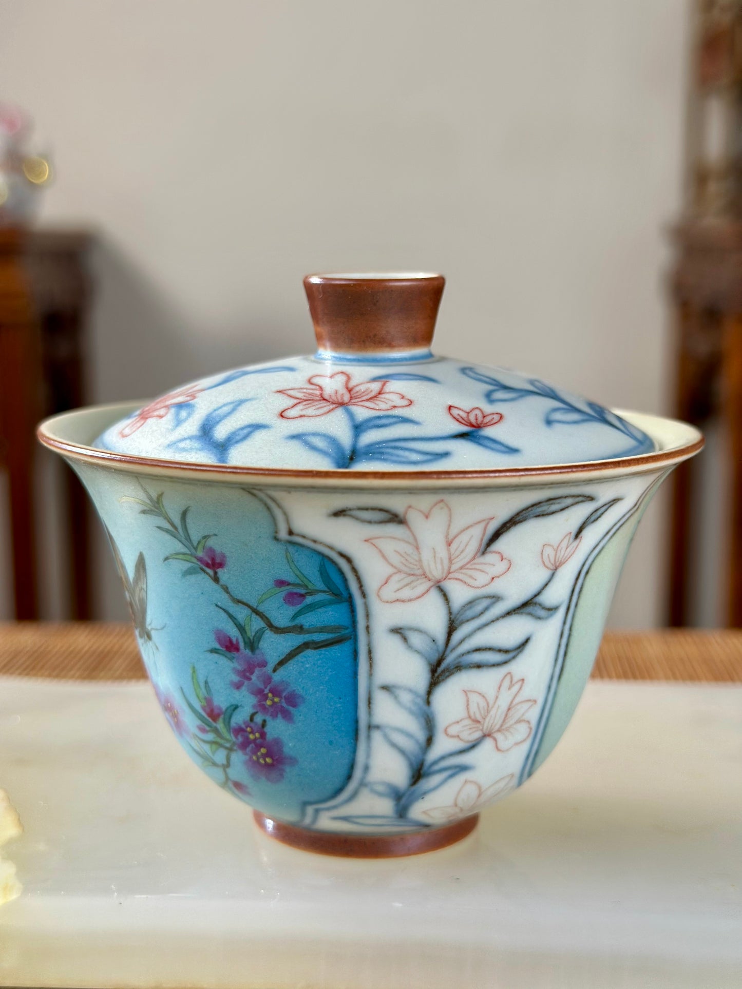 Handpainted Chinese Famille Rose Fencai Lotus Pattern Jingdezhen Master Teacup Gaiwan Tea Set
