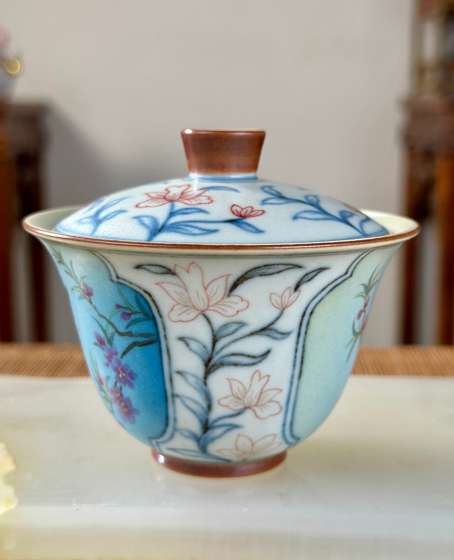Handpainted Chinese Famille Rose Fencai Lotus Pattern Jingdezhen Master Teacup Gaiwan Tea Set