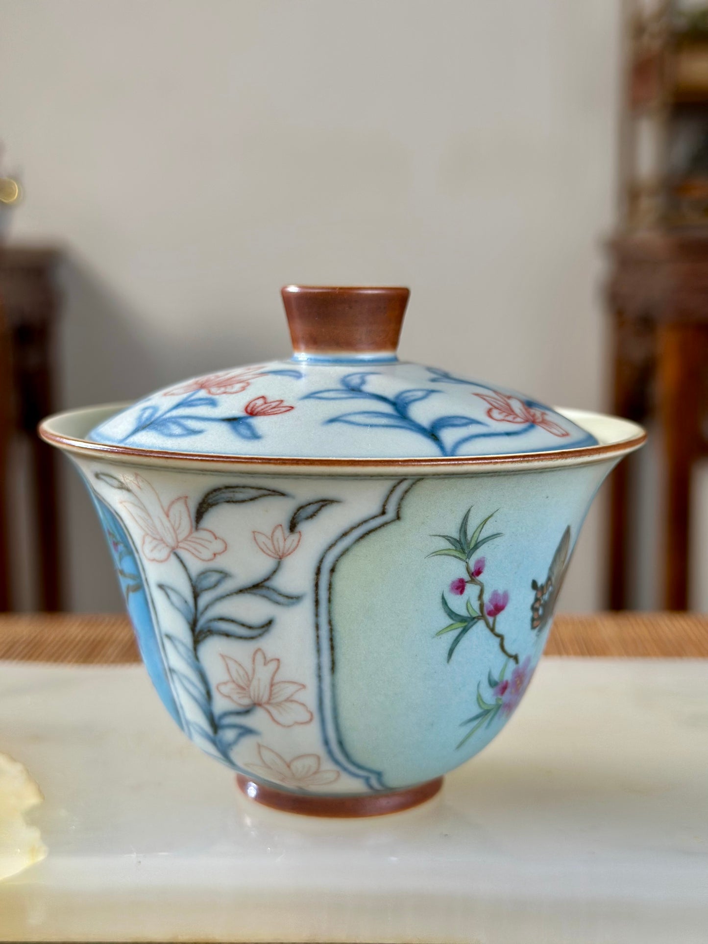 Handpainted Chinese Famille Rose Fencai Lotus Pattern Jingdezhen Master Teacup Gaiwan Tea Set