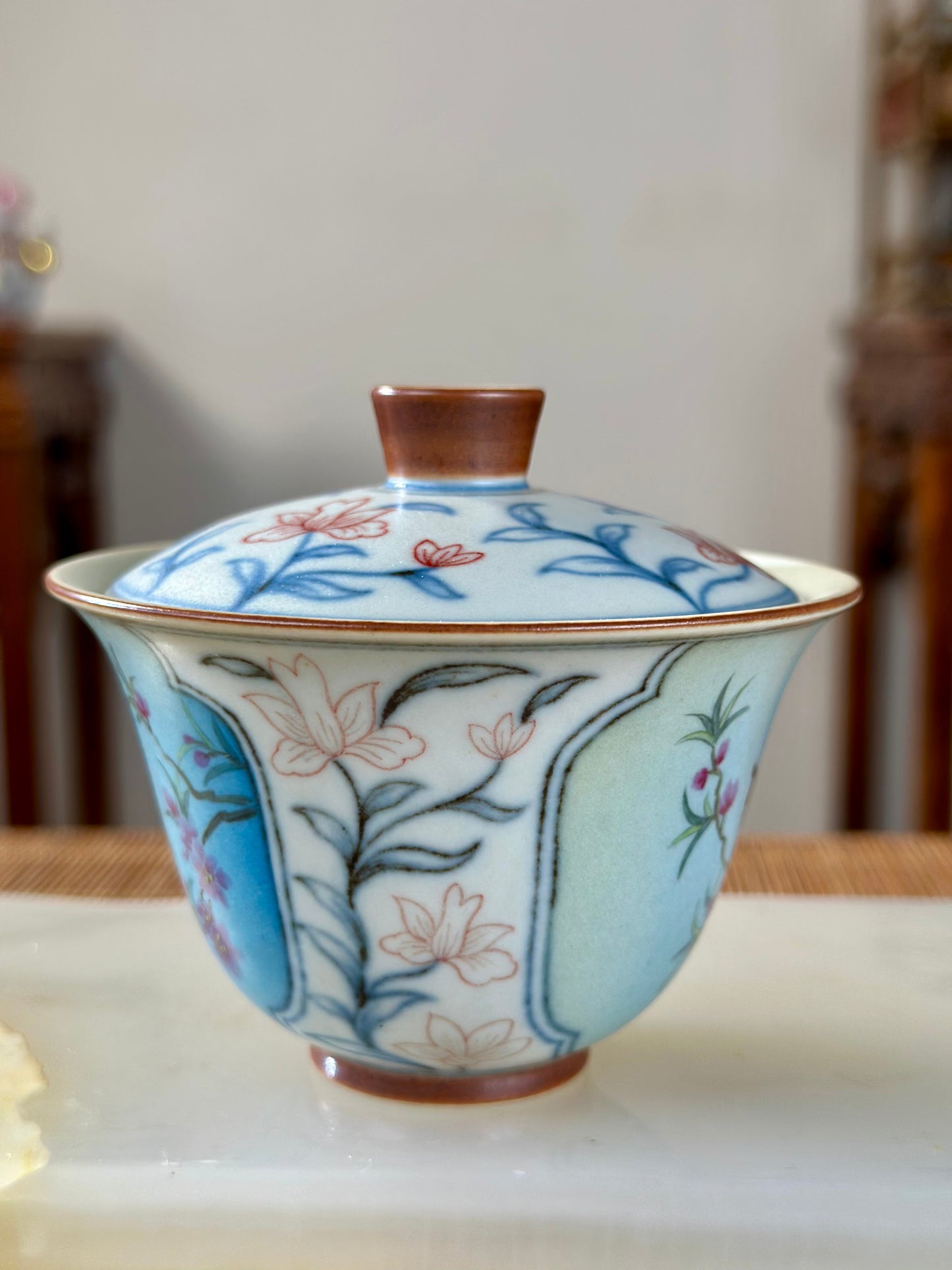 Handpainted Chinese Famille Rose Fencai Lotus Pattern Jingdezhen Master Teacup Gaiwan Tea Set